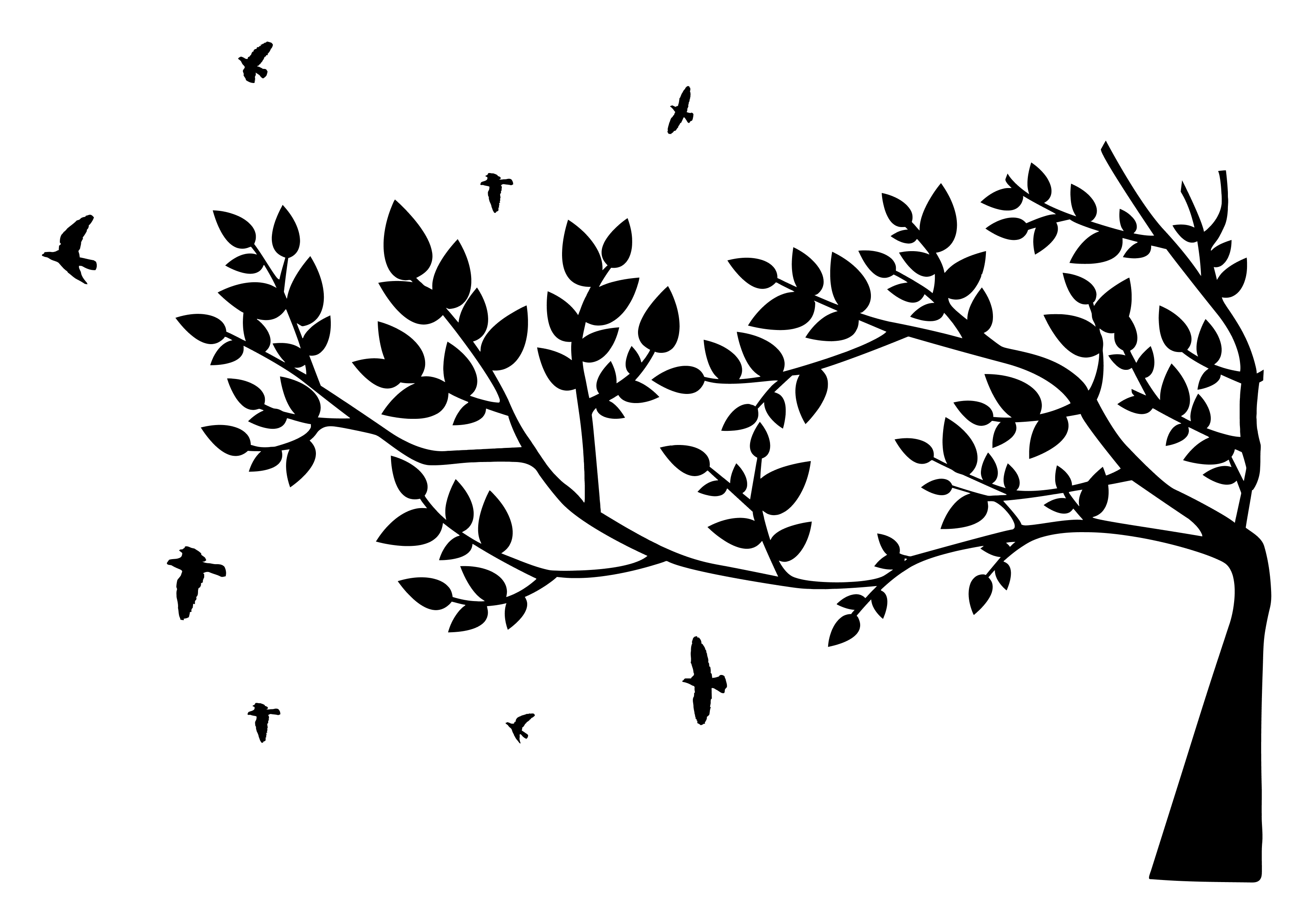 Illustration of a peaceful tree, leaning to the left, with birds flying away